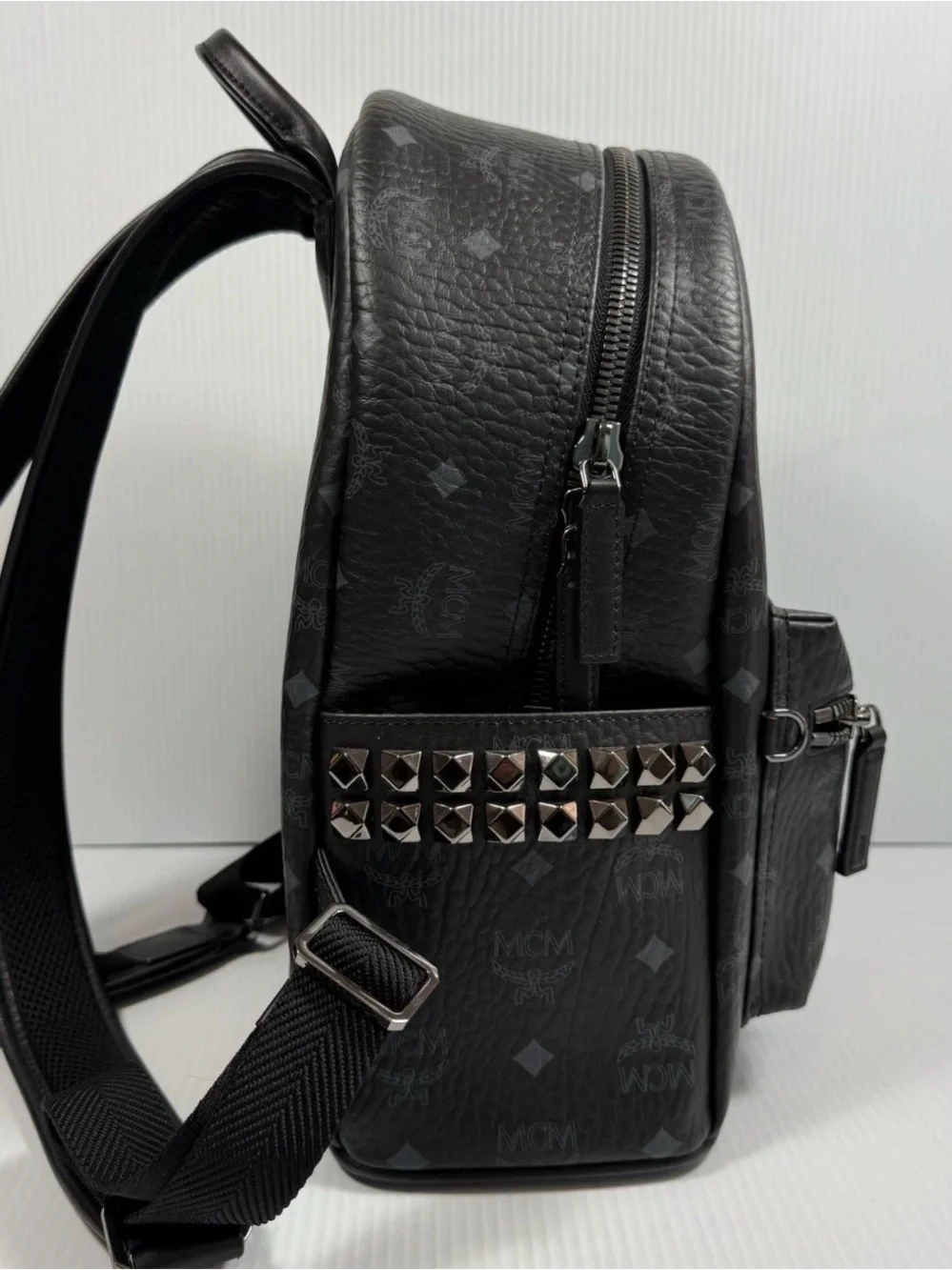 MCM Black Monogram Mini Backpack with Front Zip Pocket